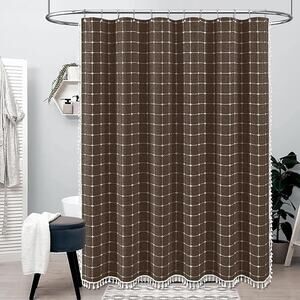 Boho Brown & Tan Linen Blend Fabric Tassel Shower Curtain 54x78" With 10 Hooks